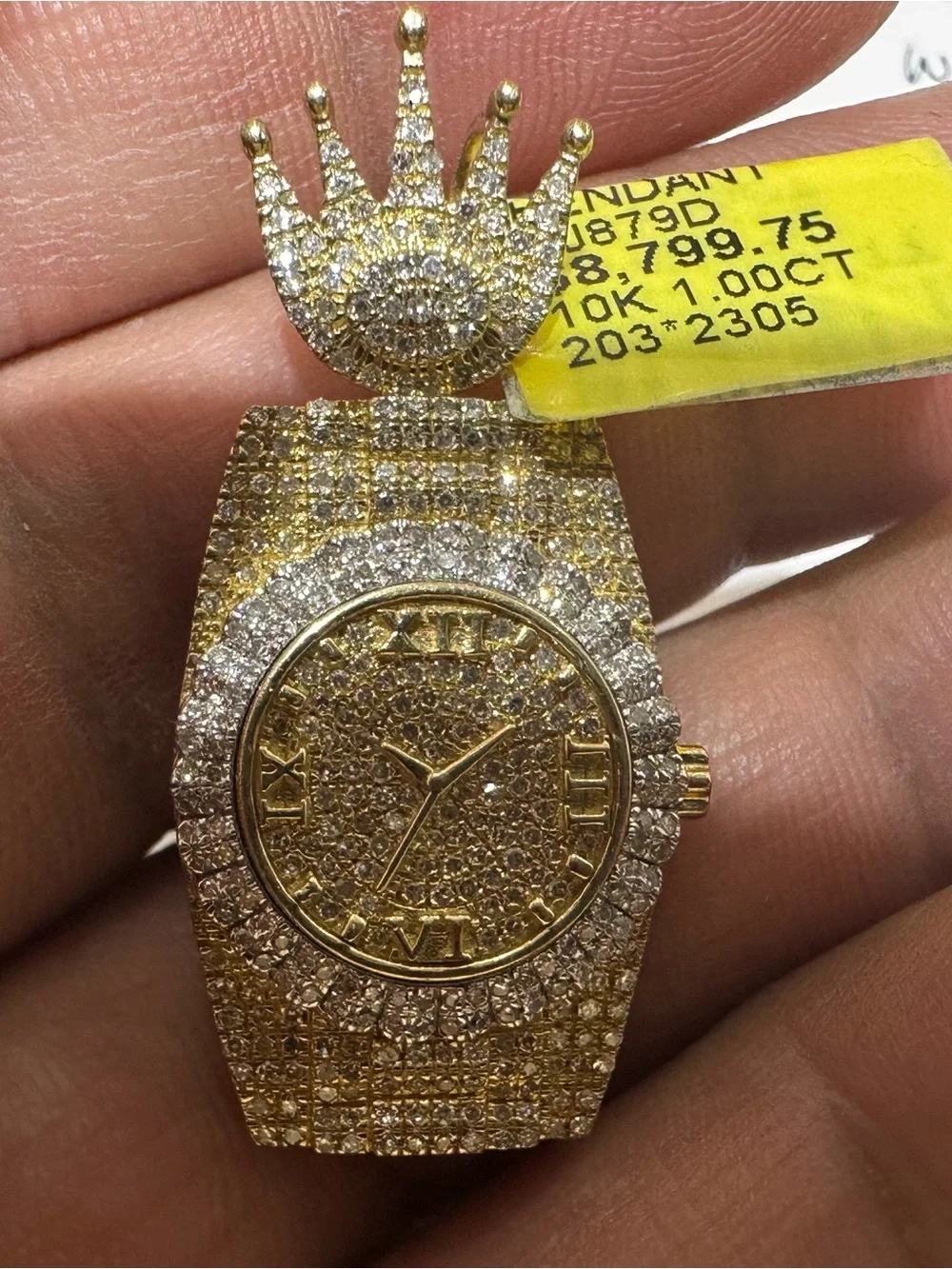10KT Yellow Gold Watch Charm Pendant — Gold Crystal Crown Accent